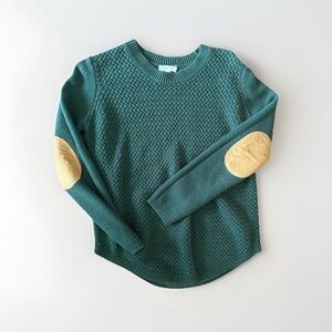 🌲 August Mist Dark Green Sweater w/ Camel Faux Suede Elbow Patches – Size XS